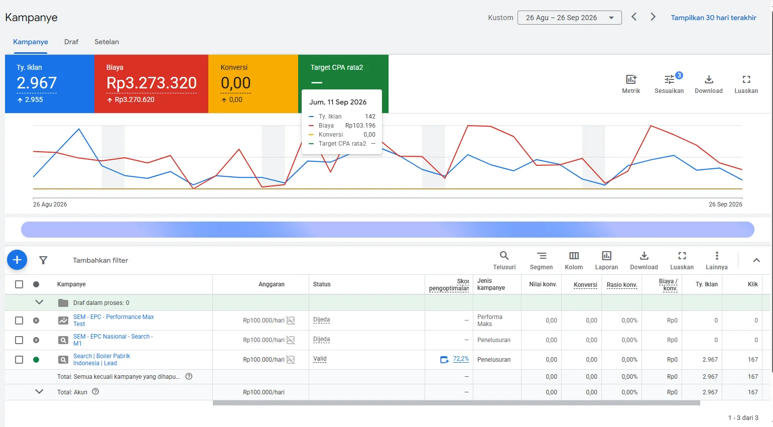 Dashboard kampanye Google Ads PT TPE