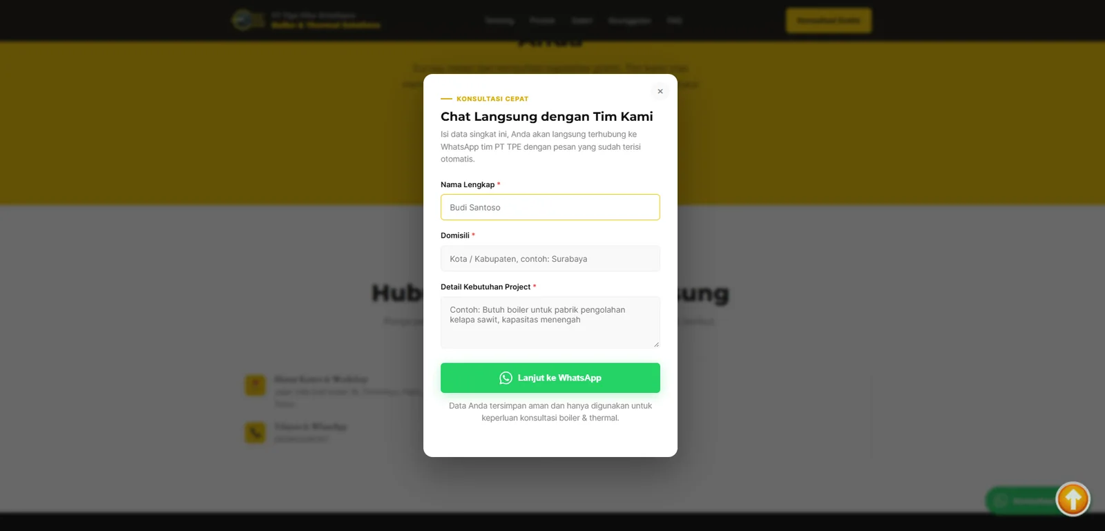 Form konsultasi PT Tiga Pilar Entalispro yang terhubung ke WhatsApp