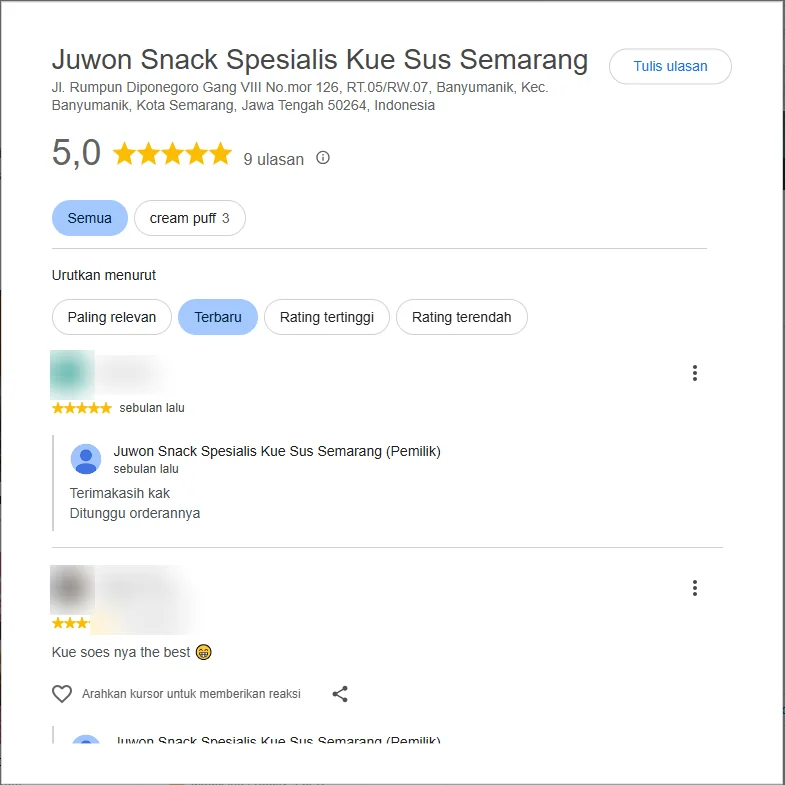 Ulasan Juwon Snack di Google