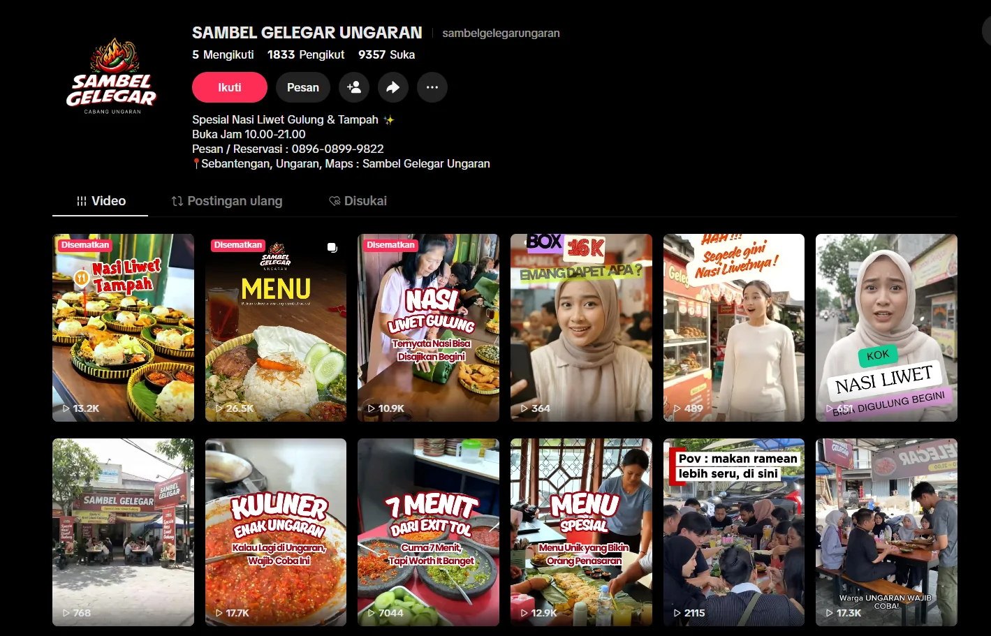 Akun TikTok Sambel Gelegar Ungaran yang dikelola AWORA