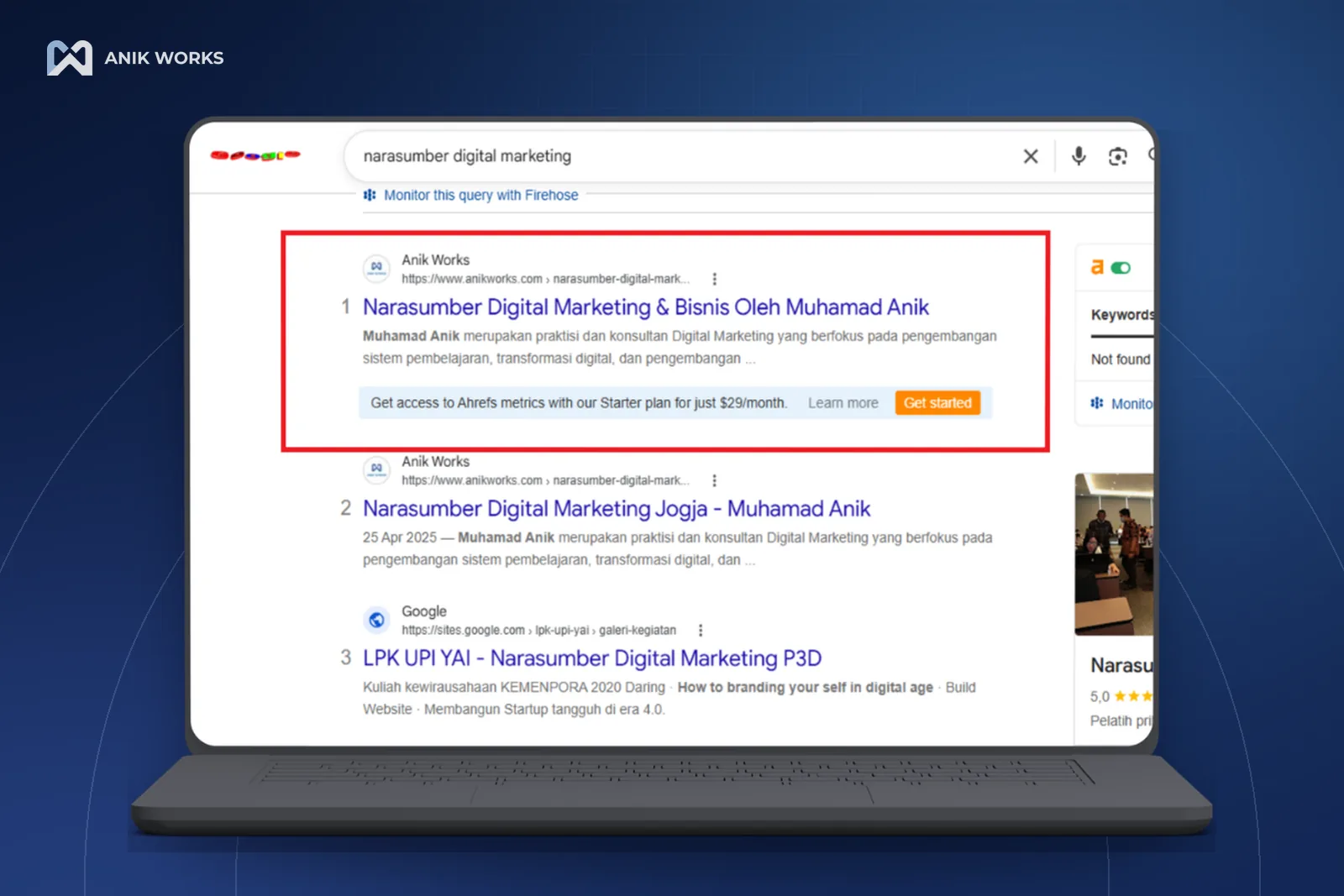 Muhamad Anik peringkat 1 Google untuk narasumber digital marketing