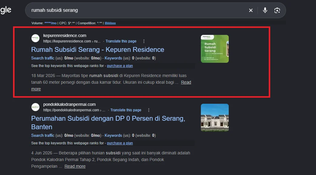 Kepuren Residence peringkat 1 Google untuk rumah subsidi serang