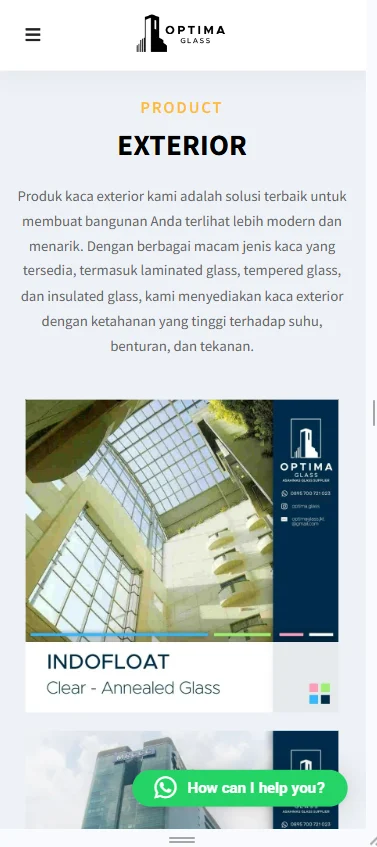 Desain website Optima Glass versi HP