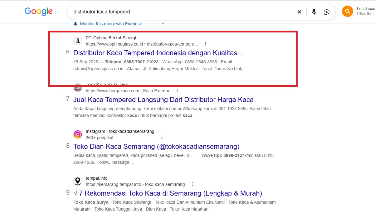 Optima Glass halaman satu Google untuk distributor kaca tempered