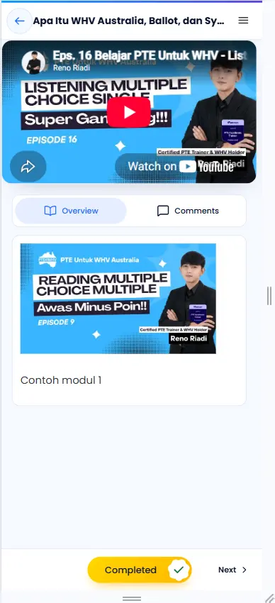 Halaman kelas online PTE4WHV di HP, buatan AWORA