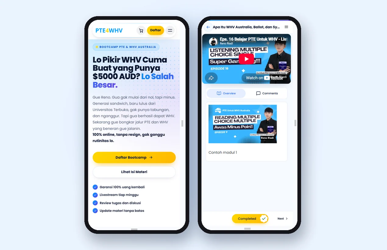 Website dan halaman kelas PTE4WHV di HP